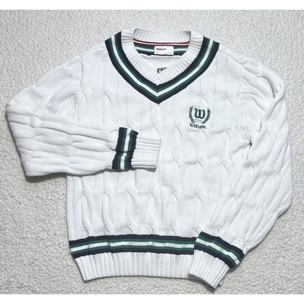 Wilson Girls XL 14/16 Tennis Sweater Cable Knit V Neck White Green School New